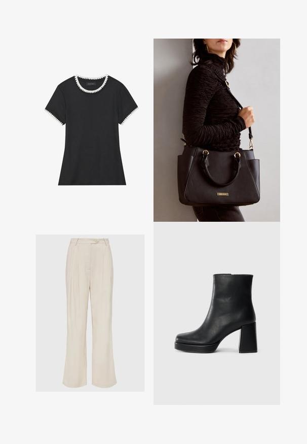 Czarna koszulka z prążkowaną fakturą, okrągłym dekoltem ozdobionym białą falbaną oraz krótkimi rękawami z dopasowanymi akcentami w formie falbanek.; Beżowe spodnie o szerokich nogawkach z pionowymi plisami, zapięciem na guziki i subtelną fakturą. Charakteryzują się gładką tkaniną i luźnym krojem.; Czarne skórzane botki za kostkę z blokowym obcasem i platformą, widok z boku na białym tle.; Czarna torebka z teksturowanej powierzchni, podwójnymi uchwytami na górze i regulowanym paskiem na ramię. Posiada złote okucia i boczne kieszenie.