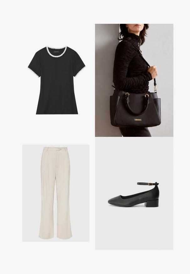 Black t-shirt with ribbed texture, round neckline featuring white scalloped trim, and short sleeves with matching scalloped accents.; Beige wide-leg trousers with vertical pleats, button closure, and subtle texture. Features a smooth fabric and relaxed fit.; Black leather pump with a pointed toe and a low block heel. Features an ankle strap with a gold-tone buckle. Smooth texture.; Black handbag with textured surface, dual top handles, and adjustable shoulder strap. Features gold-tone hardware and side pockets.
