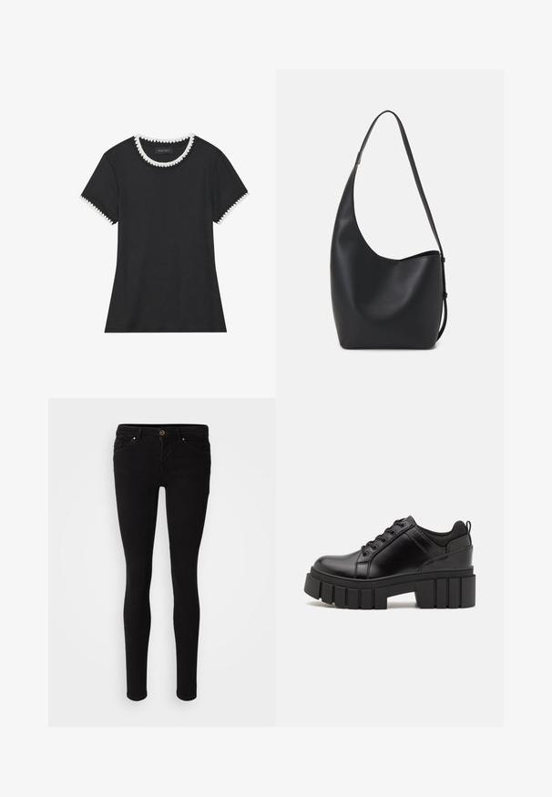 T-shirt preta com textura canelada, gola redonda com acabamentos brancos em formato de ondas, e mangas curtas com detalhes em ondas correspondentes.; ONLY ONLCORAL LIFE POWER - Calças de ganga de corte skinny - black denim; Sapatos de plataforma em couro preto com um salto bloco robusto, bico redondo e design clássico de atacadores. Apresentam uma textura suave e detalhes mínimos.; Saco hobo preto em pele com uma textura lisa, forma curva e uma única alça ajustável; apresenta uma abertura larga na parte de cima.