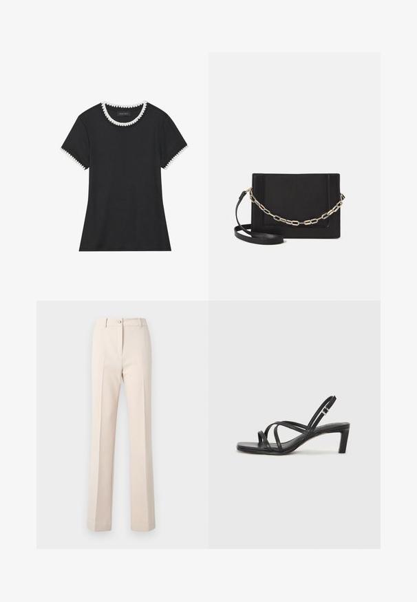 Svart t-skjorte med rillete tekstur, rund hals med hvit bølget kant, og kortermede ermer med matchende bølgete detaljer.; Beige skreddersydde bukser med rette ben, med knappelukking, frontfolder og en jevn tekstur.; Sorte sandaler med stropper, firkantet tå og lav blokk hæl. Har flere tynne stropper og en justerbar ankelstropp. Laget av glatt lær.; Svart lær crossbody-veske med glatt tekstur, rektangulær form og metallkjede detaljer på framsiden. Justerbar stroppe inkludert.