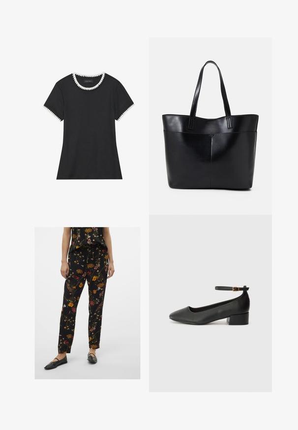 Svart t-skjorte med rillete tekstur, rund hals med hvit bølget kant, og kortermede ermer med matchende bølgete detaljer.; Svarte blomsterbukser med en avslappet passform, som har flerfargede blomsterdesign, snor i livet og sidelommer. Kombinert med stilige svarte leiligheter.; Sorte skinnpumper med spiss tå og lav blokkhelt. Har ankelrem med gullfarget spenne. Glatt tekstur.; Svart lær toteveske med to lange håndtak, en glatt tekstur og en strukturert form. Har en frontlomme for ekstra oppbevaring.