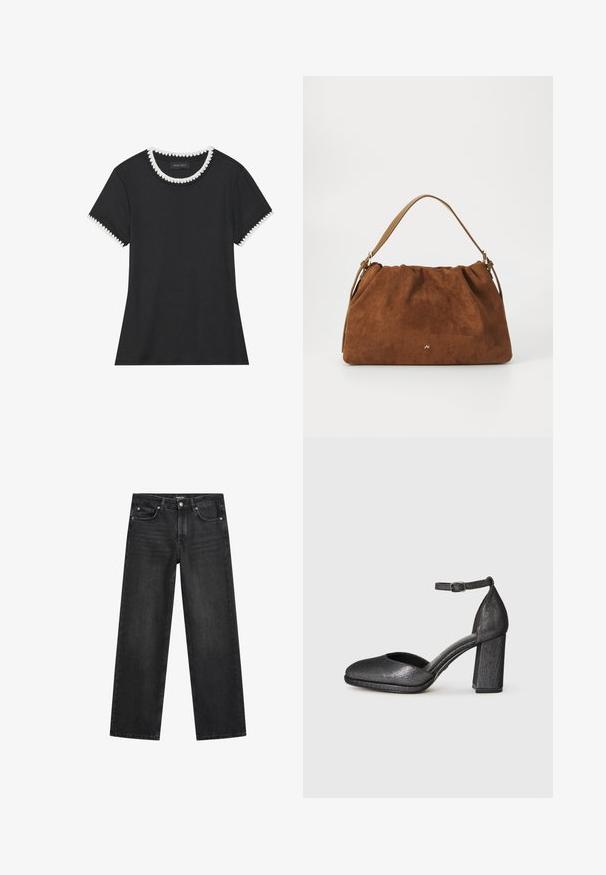 Schwarzes T-Shirt mit gerippter Textur, rundem Halsauschnitt mit weißen gewellten Abschlüssen und kurzen Ärmeln mit passenden gewellten Akzenten.; Weite Jeans aus dunkelgrauem Denim. Verfügt über fünf Taschen, einen Knopfverschluss und dezente Waschungen an den Oberschenkeln. Klassisches Design.; Schwarzer, strukturierten Absatzschuh mit runder Spitze, Knöchelschnalle und Blockabsatz. Das Material hat einen leichten Glanz und eine glatte Oberfläche.; Braune Wildlederhandtasche mit einem gerafften Design, ausgestattet mit einem einzelnen hellbraunen Ledertragegurt und einem subtilen goldenen Logo-Detail auf der Vorderseite.