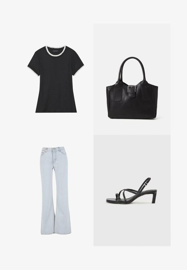 Musthave musta T-särk, millel on soonikkoes, ümmargune kaelus valgete laineliste äärtega ja lühikesed varrukad sama laineliste detailidega.; Heledad sinised lehvikud teksad, mis on valmistatud denimist, kõrge vöökoha, viie tasku ja kontrastse õmblusega õmbluste ääres.; Mustast rihmajalatsid ruudukujulise varba ja madala ploki kontsaga. Omab mitmeid õhukesi rihmasid ja reguleeritavat pahkluu rihma. Valmistatud siledast nahast.; Mustgamma nahast kott, millel on sile tekstuur, struktureeritud kuju, kaks käepidet ja esiküljel silmapaistev hõbedane pandla detail.