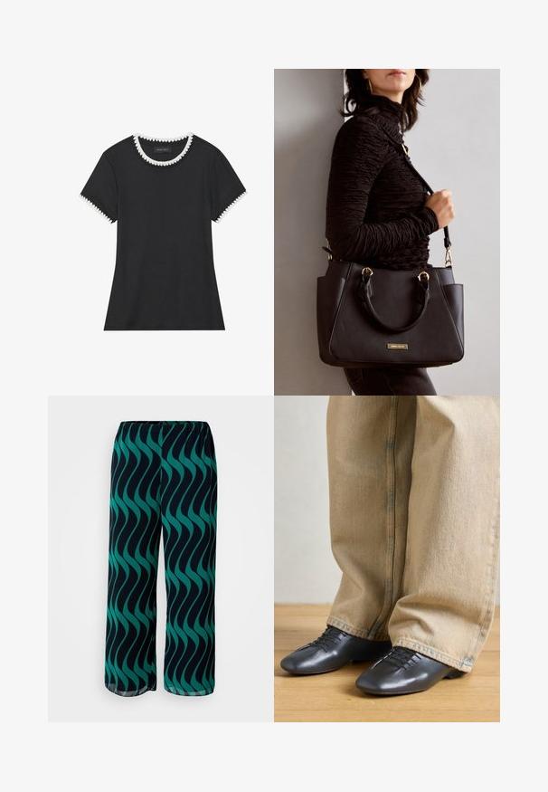 Svart t-skjorte med rillete tekstur, rund hals med hvit bølget kant, og kortermede ermer med matchende bølgete detaljer.; Videbukser laget av lett stoff, med et bølgemønster i teal på en mørk bakgrunn. Elastisk midjebånd for komfort.; Sorte lærersko med en glatt overflate, lav profil og snøring, kombinert med løse, lyse beige denimbukser.; Svart håndveske med teksturert overflate, doble topphåndtak og justerbar skulderrem. Har detaljer i gulltone og sidelommer.