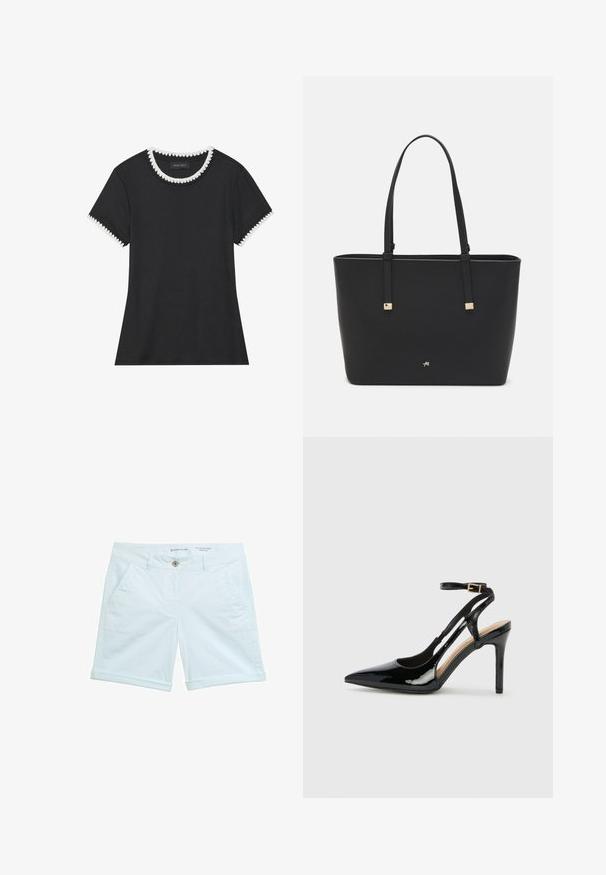 Juodas marškinėliai su briaunota tekstūra, apvalia iškirpte, kurią puošia balti apvalūs kraštai, ir trumpomis rankovėmis su atitinkamais kraštų akcentais.; Šviesiai mėlynos chino šortai su susukti kraštu, turintys dvi šonines kišenes ir priekinį mygtuko užsegimą. Pagaminti iš kvėpuojančios medžiagos.; Juodas patentuotas odinis aukštakulnis batelis su siauru pirštu, reguliuojama kulkšnies juosta ir atvirais šonais. Lygi tekstūra.; Juodas sintetinio pluošto rankinis krepšys, turintis paprastą stačiakampį dizainą, auksines kvadratines detales ir dvi rankenas.