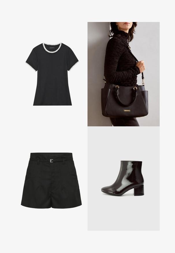 Black t-shirt with ribbed texture, round neckline featuring white scalloped trim, and short sleeves with matching scalloped accents.; Black high-waist shorts with stitched pleats, side pockets, belt loops, and a slim black belt with a silver buckle.; Black patent leather ankle boots with a pointed toe and a chunky heel. Smooth texture with a subtle sheen and clean lines, minimalist design.; Black handbag with textured surface, dual top handles, and adjustable shoulder strap. Features gold-tone hardware and side pockets.