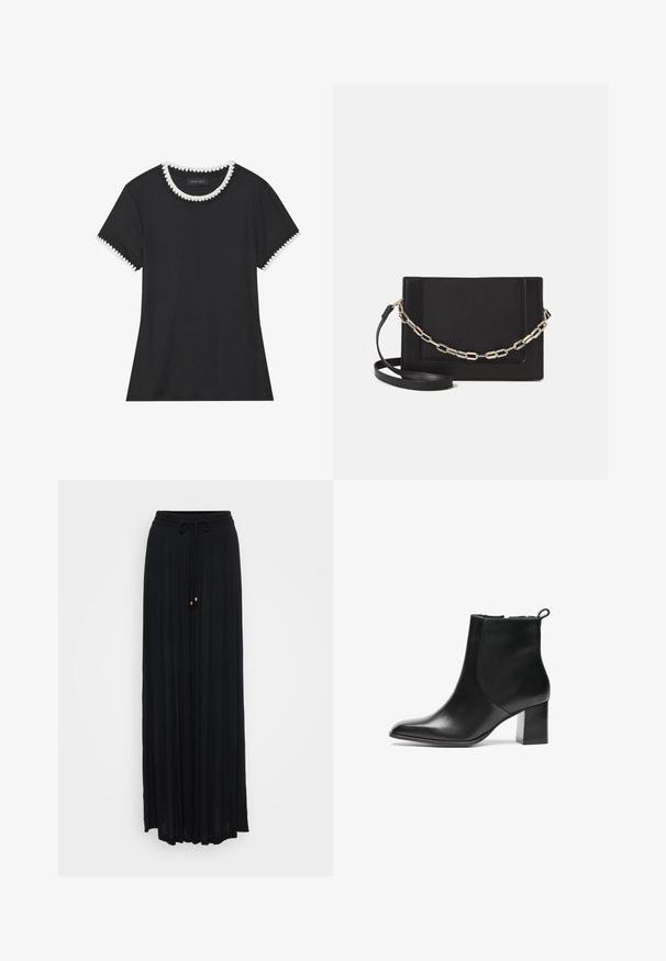 Musthave musta T-särk, millel on soonikkoes, ümmargune kaelus valgete laineliste äärtega ja lühikesed varrukad sama laineliste detailidega.; Mustrist mustriga maksikleidi, mis on varustatud stringiga vöökoht, valmistatud kergest kangast, millel on kuldsed detailid stringi otstest.; Mustmust musta kingad ümarate varvastega, keskmise kõrgusega blokk-kontsa ja tagaküljel tõmbetoru. Sile tekstuur, minimaalne disain.; Mustast nahast õlakott, mis omab siledat tekstuuri, ristküliku kuju ning esiküljel metallketi detaili. Reguleeritav rihm on kaasas.