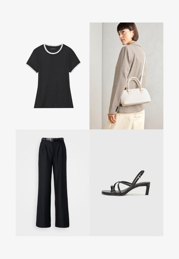 Fekete póló bordázott textúrával, kerek nyakkivágással, fehér csipkeszegéllyel, és rövid ujjakkal, amelyek harmonizáló csipkeszegéllyel készültek.; Fekete, bő szárú nadrág sima anyagból, elől redőzött kialakítással és egy azonos színű, ezüstcsatos fekete övvel.; Fekete pántos szandál négyzetes orral és alacsony blokk sarkal. Több vékony pánttal és állítható boka pánttal rendelkezik. Sima bőrből készült.; Fehér, strukturált kézitáska rövid füllel és vállpánttal, arany színű fém kiegészítőkkel és texturált anyagból, szürke háttér előtt bemutatva.