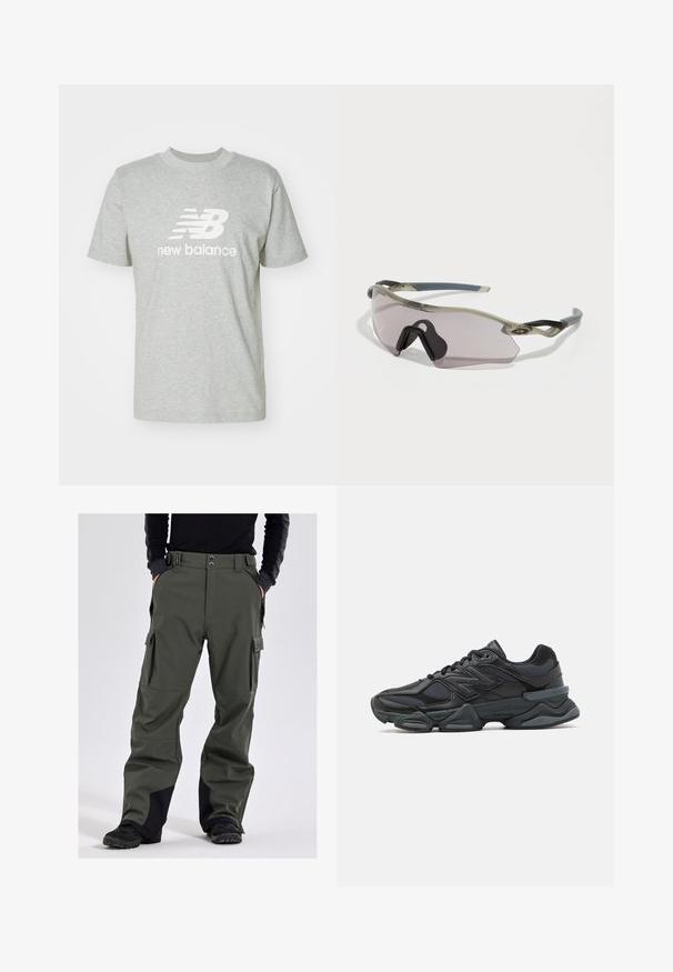 Lichtgrijs katoenen T-shirt met korte mouwen, ronde hals en een prominent weergegeven wit "New Balance" logo op de voorkant.; Slade COLORADO - Snowboardbroek - olive; Zwarte hardloopschoen met een mix van mesh en synthetische materialen, een stevige zool, gebogen ontwerp en prominente branding op de zijkant.; Zonnebril met een doorschijnend grijze frame, getinte lenzen en een hoekig ontwerp. Heeft een kenmerkend neusstuk en gestructureerde donkergrijze tempels.