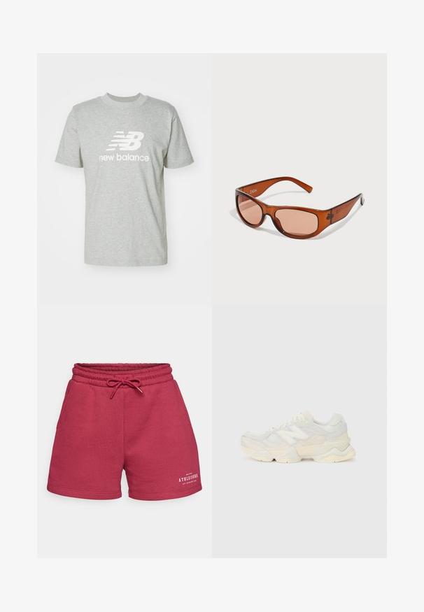 Gaišpelēka kokvilnas T-krekls ar īsām piedurknēm, apaļu izgriezumu un baltu "New Balance" logotipu, kas izcili redzams uz priekšpuses.; Burgundijas kokvilnas auduma šorti ar elastīgu jostasvīru un auklu. Iekļauj sānu kabatas un baltu izdrukātu logotipa detaļu uz priekšpuses.; Vieglas sporta apavus ar sieta un zamšādas augšdaļu maigos krēma tonī, ar masīvu zoli un trīsdimensionāliem akcentiem.; Brūnas tonētas saulesbrilles ar taisnstūra formu, izgatavotas no caurspīdīgas plastmasas. Iezīmes ir izliekti rokturi un zīmola nosaukums "ZIGN" sānos.