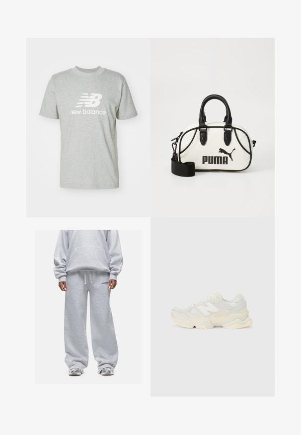 Jasnoszara bawełniana koszulka z krótkim rękawem, okrągłym dekoltem i wyraźnym białym logo "New Balance" umieszczonym z przodu.; Szary sweter z luźnym krojem i przetabianymi rękawami, zestawiony z pasującymi szerokimi spodniami dresowymi. Oba elementy mają miękką teksturę i minimalny detal z logo.; Lekki sneakers z siateczkową i zamszową cholewką w delikatnych kremowych odcieniach, z masywną podeszwą i trójwymiarowymi akcentami.; Biała torebka z czarnymi akcentami, z logo Puma. Krótkie, zaokrąglone uchwyty oraz odpinany pasek, wykonana z teksturowanego materiału syntetycznego.