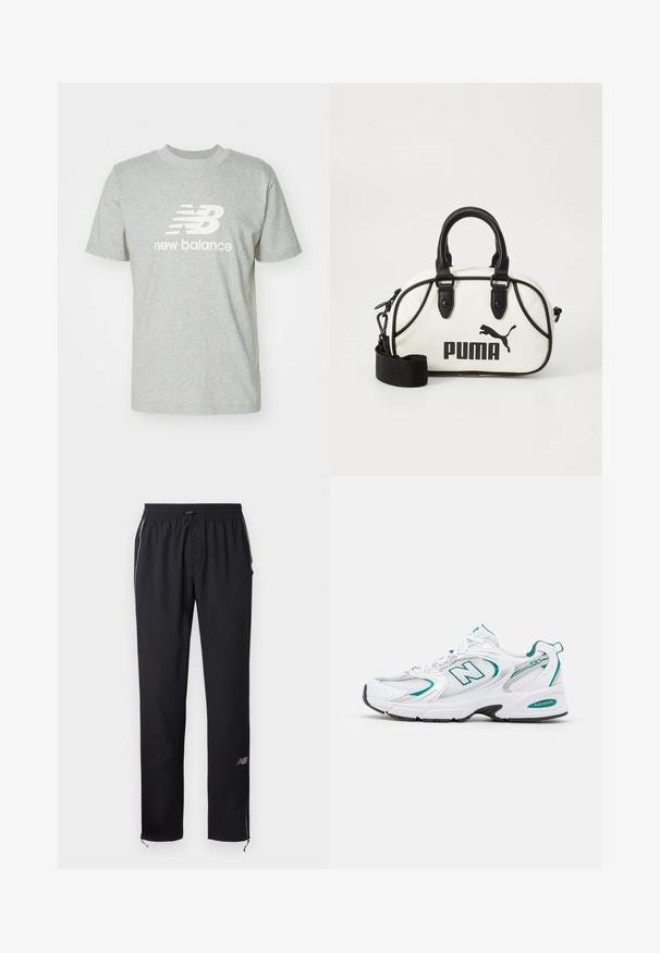 Svetlo siva bombažna majica z kratkimi rokavi, okroglo ovratnikom in belim logotipom "New Balance" v ospredju.; Črne športne hlače iz lahkega materiala, z elastičnim pasom, stranskimi žepi in odsevnimi detajli na straneh.; Bela športna obutev z mrežastimi in sintetičnimi vložki, turkiznimi poudarki, zaobljenim nosom, vezanjem spredaj in črnim gumijastim podplatom.; Bela torbica z črnimi detajli, ki ima logotip Puma. Krajše, zaobljene ročke in snemljiv trak, izdelana iz teksturiranega sintetičnega materiala.