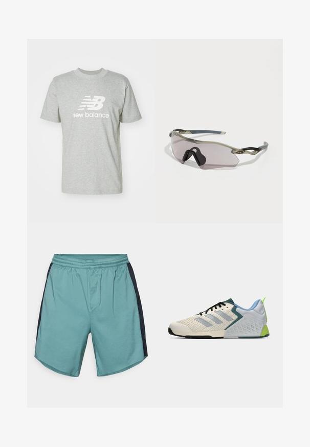 Ljusgrå bomulls t-shirt med korta ärmar, rundad halsringning och vitt "New Balance"-logotyp som tydligt visas på framsidan.; Ljus tealfärgade träningsshorts med resårmidja, som har mörkblå sidopaneler och en slät, andningsbar tygtextur.; Lätta sportskor med en krämfärgad mesh-övre, grå ränder, en grön accent och en texturerad blå häldel. Svarta snörningar.; Solisar med en genomskinlig grå ram, tonade linser och en kantig design. Har en distinkt näsdel och strukturerade i mörkgrå bågar.
