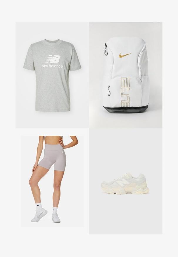 Ljusgrå bomulls t-shirt med korta ärmar, rundad halsringning och vitt "New Balance"-logotyp som tydligt visas på framsidan.; Ljust grå högmidjade shorts med en slät yta och ett subtilt gradientmönster. Har en liten logotyp på sidan.; Lättviktig sneaker med en ovandel av mesh och mocka i mjuka krämfärger, med en rejäl sula och tredimensionella detaljer.; Nike-ryggsäck i vitt med guldlogo och texten "ELITE", med dragkedjsstängningar, mesh-fickor på sidan och en svart bottenbas. Slät yta.