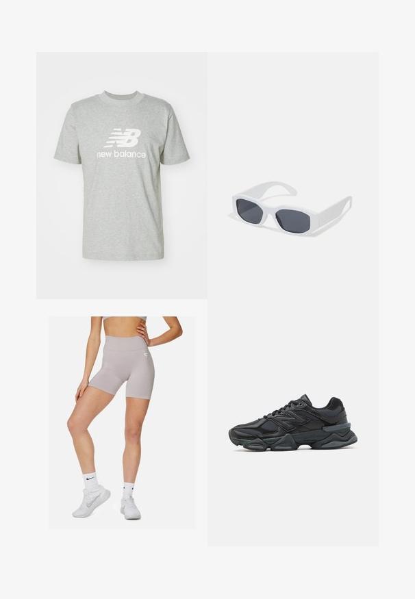 T-shirt in cotone grigio chiaro con maniche corte, scollo rotondo e logo bianco "New Balance" ben visibile sul davanti.; Pantaloni corti grigi chiari a vita alta con una texture liscia e un leggero motivo a gradiente. Presentano un piccolo logo sul lato.; Scarpa da corsa nera con una combinazione di materiali in rete e sintetici, suola spessa, design curvo e marchio ben visibile sul lato.; Occhiali da sole rettangolari bianchi con lenti scure, finitura opaca liscia e aste spesse con design angolare.