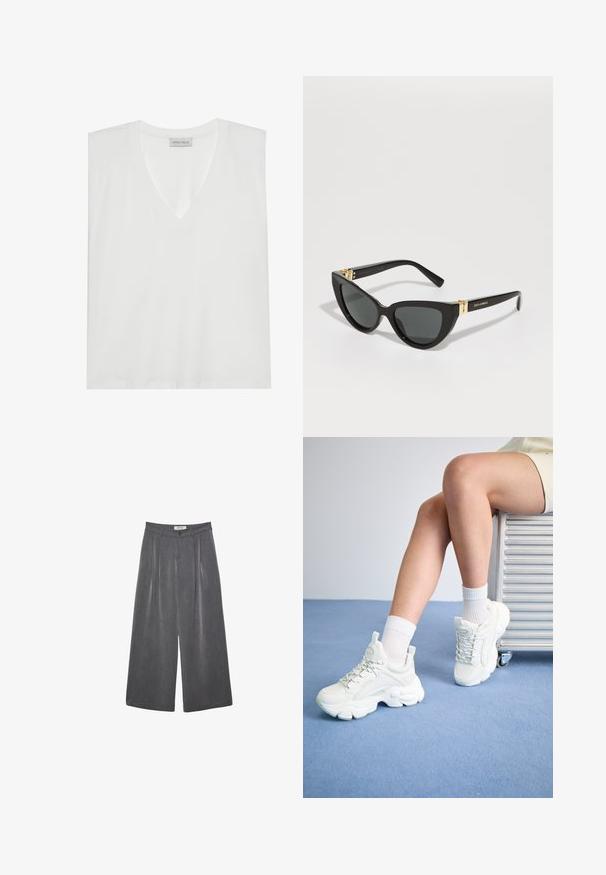 Bílý V-krční tričko vyrobené z měkké, hladké látky. Obsahuje krátké rukávy, volný střih a štítek na výstřihu. Jednoduchý a univerzální design.; Přehnuté kalhoty s širokými nohavicemi v tmavě šedé tkanině s jemnou texturou. Obsahují zapínání na knoflík a klasický design pasu.; Bílé šněrovací tenisky s robustní podrážkou, vyrobené z hladkého syntetického materiálu, s texturovanými detaily a poutkem na patě.; Sluneční brýle ve stylu kočičích očí s černými plastovými rámy, tmavými skly a zlatými akcenty na spáncích. Hladký povrch a odvážný design.; Černá hobo taška vyrobená z hladké kůže s křivkovým siluetou, s jedním nastavitelným popruhem a minimalistickými designovými detaily.