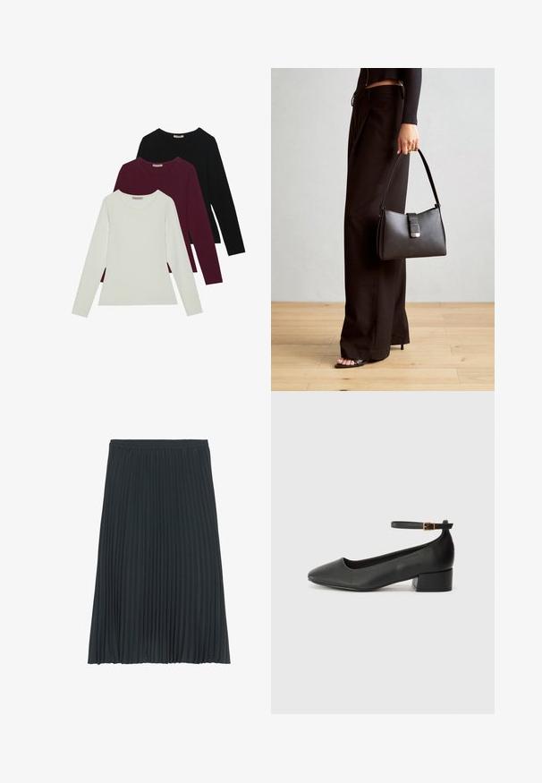 Langermede t-skjorter i hvit, burgunder og svart. Laget av myk stoff med rund hals og tettsittende design. Egnet for lag-på-lag-styling.; Plissert midiskjørt i mørkegrått med elastisk midje. Har vertikale folder overalt for tekstur og bevegelse. Glatt stofffinish.; Sorte skinnpumper med spiss tå og lav blokkhelt. Har ankelrem med gullfarget spenne. Glatt tekstur.; Svart håndveske med strukturert form, jevn tekstur og metallisk lås. Kombinert med brede svarte bukser og sandaler med åpen tå på tregulv.