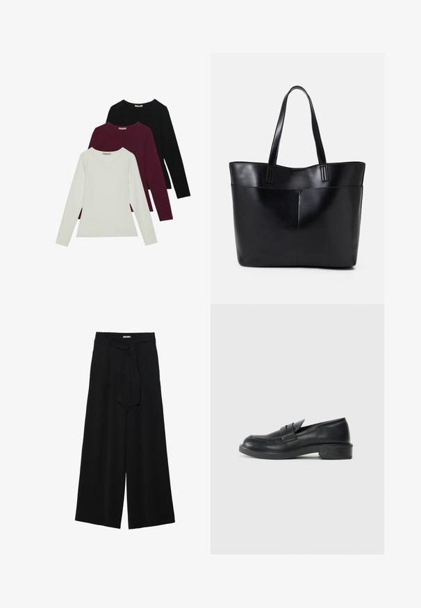 Langarm-T-Shirts in Weiß, Bordeaux und Schwarz. Hergestellt aus weichem Stoff mit Rundhalsausschnitt und figurgerechtem Design. Eignen sich gut zum Schichten.; Schwarze weite Hosen aus strukturiertem Stoff, mit elastischem Bund und einem abnehmbaren Bindegürtel in der Taille für eine verstellbare Passform.; Schwarze Lederloafers mit abgerundetem Zehenbereich, genähten Details und kleinem Absatz. Glatte Textur und eine flexible Gummisohle.; Schwarze Leder-Shopper-Tasche mit zwei langen Griffen, einer glatten Textur und einer strukturierten Form. Verfügt über eine Vordertasche für zusätzlichen Stauraum.