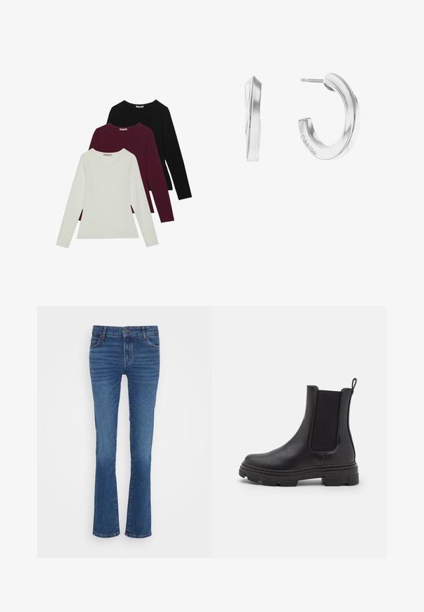 Pikad varrukad T-särgid valges, burgundis ja mustas. Valmistatud pehmest kangast, ümmarguse kaelusega ja keha lähedase kujundusega. Sobivad kihiliseks kandmiseks.; Sinine denimist valmistatud sirge jala disainiga teksad, millel on kerge kulumine, viie tasku paigutus ja metalne nööp sulgemiseks talje juures.; Must mustelaste kodukinga, millel on elastsed külgpaneelid, ümar varvas ja tekstuuriga kummist välistald. Tagaküljel on mugavuse huvides aas.; Hõbedased rõngasseed, millel on sujuv ja kaarjas disain. Metall on poleeritud, sisaldades minimalismi stiilis riistvara ja peenelt graveeritud logo.