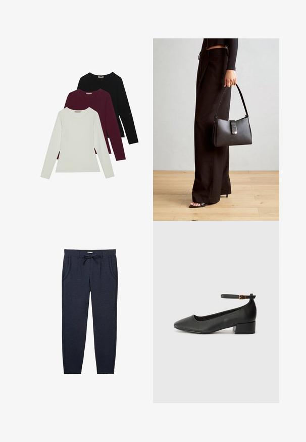Langarm-T-Shirts in Weiß, Bordeaux und Schwarz. Hergestellt aus weichem Stoff mit Rundhalsausschnitt und figurgerechtem Design. Eignen sich gut zum Schichten.; Dunkelblaue Sweatpants aus strukturiertem Stoff, mit einem elastischen Taillenbund und Kordelzug, seitlichen Taschen und schmal zulaufenden Beinen.; Schwarze Lederpumps mit spitzem Zehenbereich und niedrigem Blockabsatz. Mit einem Knöchelriemen und einer goldfarbenen Schnalle. Glatte Textur.; Schwarze Handtasche mit strukturierter Form, glatter Textur und einem metallischen Verschluss. Kombiniert mit weiten schwarzen Hosen und offenen Sandalen auf einem Holzboden.