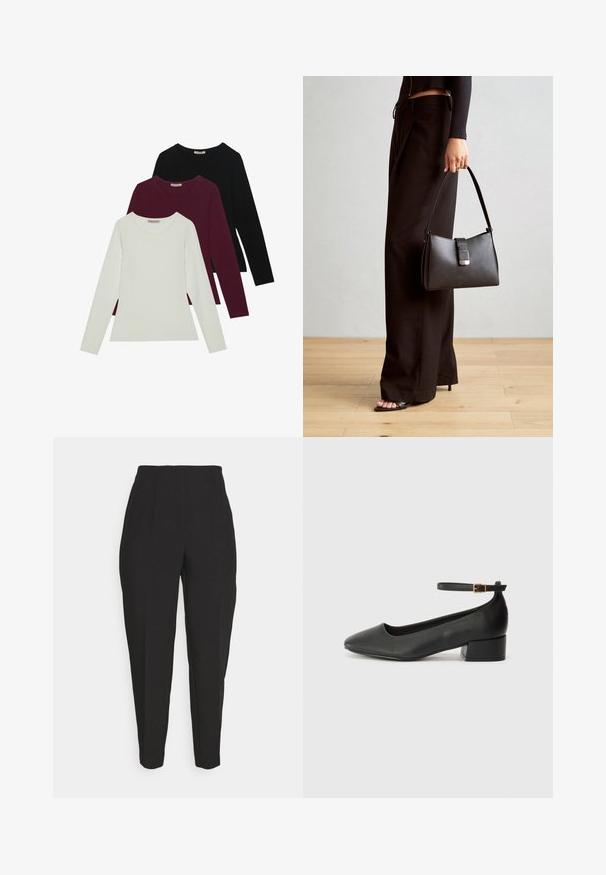Tricouri cu mânecă lungă în alb, burgundy și negru. Realizate dintr-un material moale, cu un guler rotund și un design ajustat. Potrivite pentru straturi.; Pantalonii negri, croiți pe corp, au un talie înaltă, pliseuri frontale, picioare conice și o textură fină. Construiți dintr-un material ușor, fără închideri vizibile.; Pantof cu toc negru din piele, cu vârf ascuțit și toc mic pătrat. Dispune de o curea la gleznă cu o cataramă în tonuri de aur. Textură netedă.; Genți negre cu o formă structurată, textură netedă și un închizător metalic. Asortată cu pantaloni negri largi și sandale cu vârf deschis pe un podea din lemn.