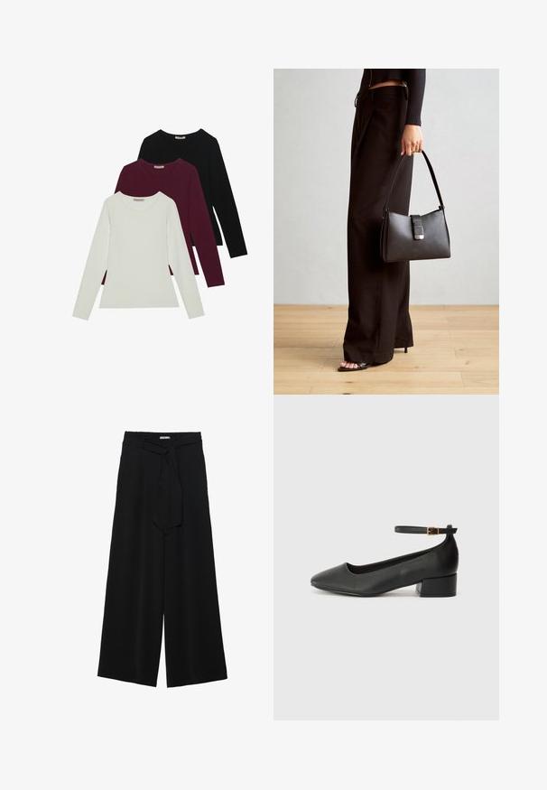 Hosszú ujjú pólók fehér, burgundi és fekete színben. Puha anyagból készült, kerek nyakú és testhez simuló fazonú. Réteges öltözködéshez is alkalmas.; Fekete, bő szárú nadrág, texturált anyagból, rugalmas derékpánttal és levehető sállal a derekán, amely állítható illeszkedést biztosít.; Fekete bőr magassarkú cipő hegyes orral és alacsony tömb sarkal. Bokapánttal rendelkezik, aranyszínű csattal. Simább textúra.; Fekete kézi táska strukturált formával, sima textúrával és fémből készült záródással. Széles fekete nadrággal és nyitott orrú szandállal párosítva, fából készült padlón.