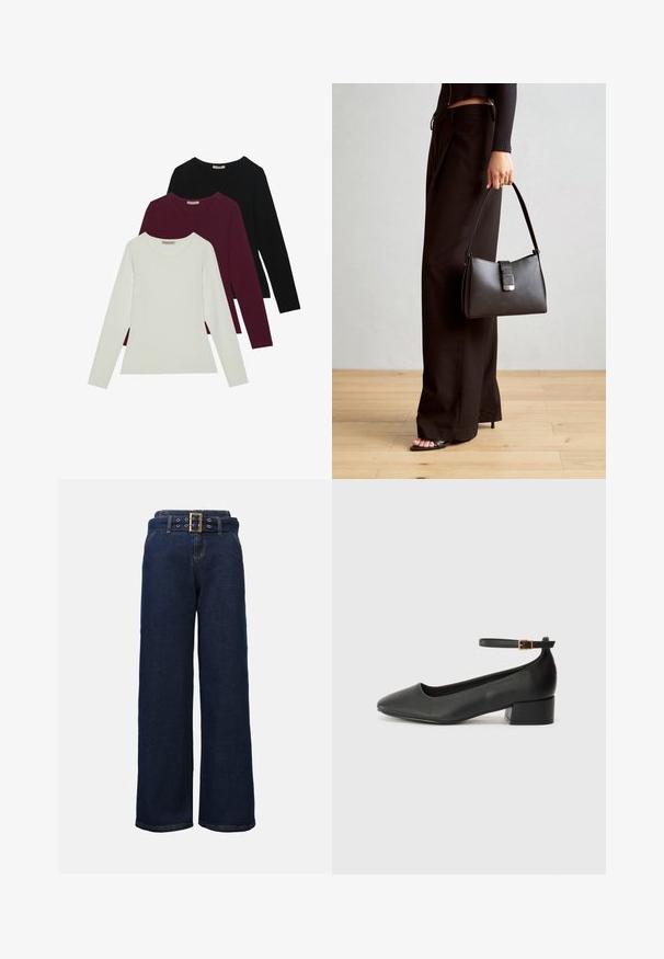 Pikad varrukad T-särgid valges, burgundis ja mustas. Valmistatud pehmest kangast, ümmarguse kaelusega ja keha lähedase kujundusega. Sobivad kihiliseks kandmiseks.; Tumedat sinised laiad teksapüksid õmblustega taskutega ja sobiva vööga, millel on suur ristküliku kujuline kuldne kinnituskinnis.; Must mustaapp, millel on terav nina ja madal blokk-kand. Omab pahkluu rihma koos kuldse tooni pandlaga. Sile tekstuur.; Must musta kott, millel on struktureeritud kuju, sile tekstuur ja metallist klamber. Kombineeritud laiate mustade pükstega ja avatud varvaste sandaalidega puidust põrandal.