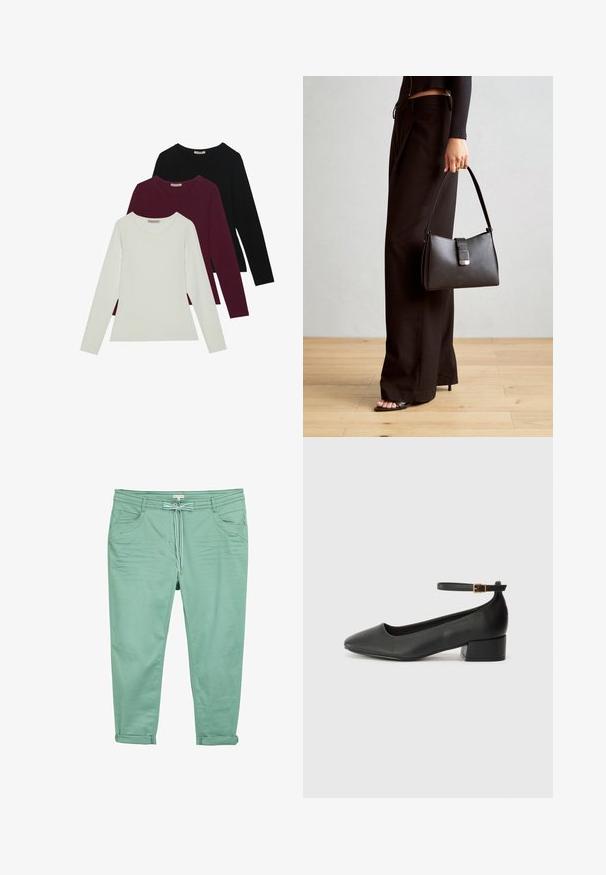 Langsleeve t-shirts in het wit, bordeauxrood en zwart. Gemaakt van zachte stof met een ronde halslijn en een aansluitend ontwerp. Geschikt voor lagen.; Lichtgroene broek van zacht stof, met een tailleband met trekkoord, twee voorzakken en opgerolde manchetten voor een relaxte pasvorm.; Zwarte leren pump met een spitse neus en een lage blokhak. Beschikt over een enkelband met een goudkleurige gespsluiting. Gladde textuur.; Zwarte handtas met gestructureerde vorm, gladde textuur en een metalen sluiting. Gecombineerd met brede zwarte broeken en sandalen met open teen op een houten vloer.