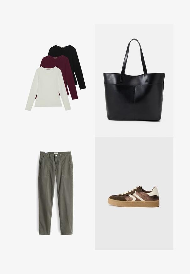 Langsleeve t-shirts in het wit, bordeauxrood en zwart. Gemaakt van zachte stof met een ronde halslijn en een aansluitend ontwerp. Geschikt voor lagen.; Olijfgroene katoenbroek met een rechte snit, voorzien van twee voorkruiszakken en een knoopsluiting. De stof heeft een gladde textuur.; Bruine en crèmekleurige sneakers van een combinatie van suede en satijn, met drie diagonale strepen en een gestructureerde gumrubberen zool.; Zwarte leren tote bag met twee lange handvatten, een zachte textuur en een gestructureerde vorm. Voorzien van een voorvak voor extra opslagruimte.