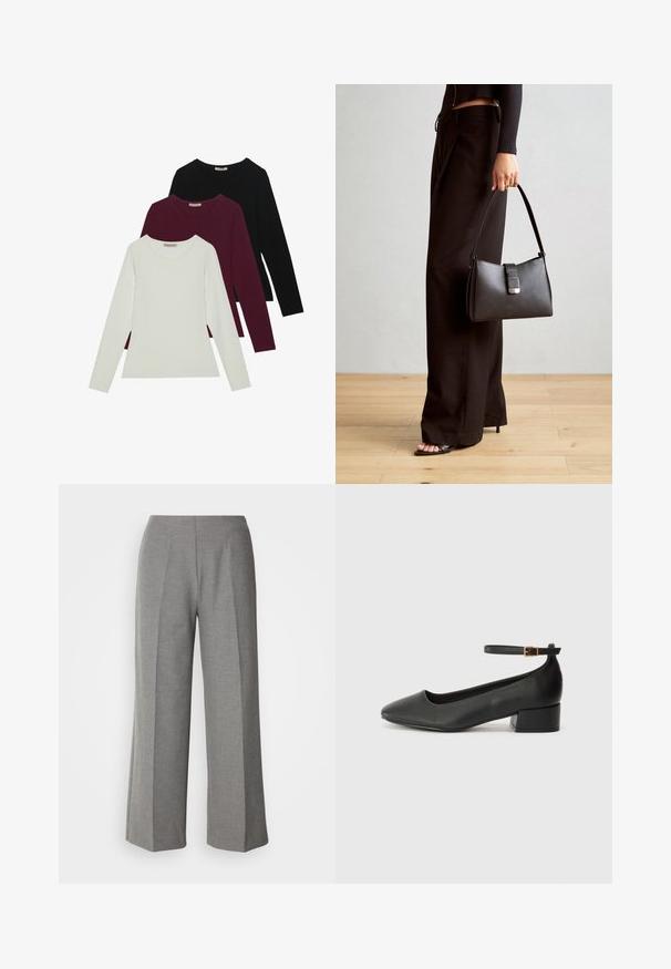 Μακρυμάνικα μπλουζάκια σε λευκό, μπορντό και μαύρο. Κατασκευασμένα από μαλακό ύφασμα με στρογγυλή λαιμόκοψη και εφαρμοστό σχέδιο. Ιδανικά για στρώσεις.; Γκρι προσαρμοσμένο παντελόνι κόβει ευρέως με λεία υφή, διαθέτοντας επίπεδο μπροστινό μέρος και καθαρές πτυχές σε κάθε πόδι.; Μαύρο δερμάτινο τακούνι με μυτερή μύτη και χαμηλό τετράγωνο τακούνι. Διαθέτει λουράκι στον αστράγαλο με χρυσό τόνο πόρπη. Λείο υφή.; Μαύρη τσάντα χειρός με δομημένο σχήμα, λεία υφή και μεταλλικό κούμπωμα. Συνδυασμένη με φαρδιά μαύρα παντελόνια και σανδάλια ανοιχτής μύτης πάνω σε ξύλινο πάτωμα.