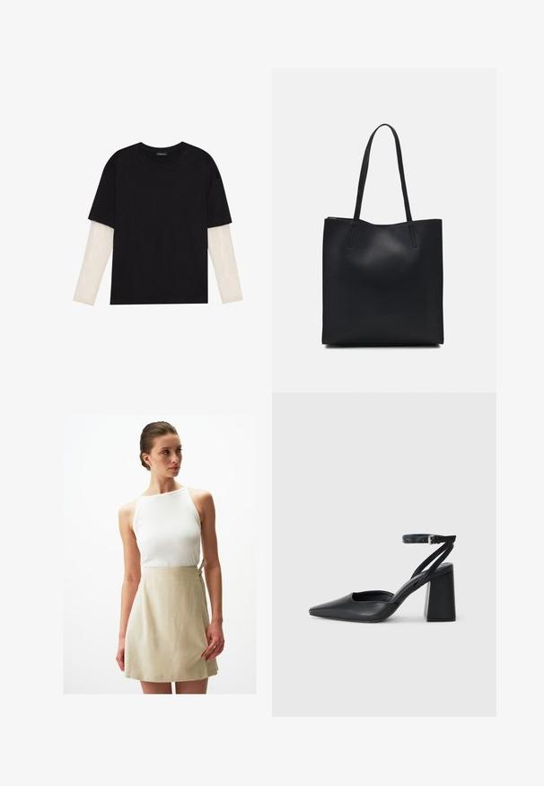 T-shirt nera in cotone con maniche corte sopra un sotto manica lunga bianca, caratterizzata da una sottile texture. Design con scollo rotondo.; Jimmy Key WITH HIGH WAIST TIES - Minigonna - stoned; Pump in pelle nera con punta affusolata, cinturino alla caviglia e tacco spesso. Texture piatta, design elegante ed estetica minimalista.; Borsa tote in pelle nera con texture liscia, forma rettangolare e due manici lunghi. Nessun hardware o decorazione visibile.