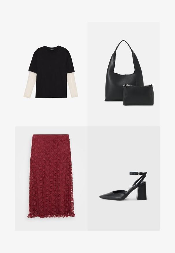Schwarzes T-Shirt aus Baumwolle mit kurzen Ärmeln über einer weißen Langarmschicht, die ein dezentes strukturiertes Muster aufweist. Rundhalsausschnitt.; Bordeauxfarbene Spitzenrock mit floralem Muster, halbtransparentem Stoff und Rüschensaum. Ein elastischer Bund sorgt für Komfort und Flexibilität.; Schwarze Leder-Pumps mit spitzer Zehe, einem Knöchelriemen und einem blockigen Absatz. Flache Textur, elegantes Design und minimalistische Ästhetik.; Even&Odd Handtasche - black