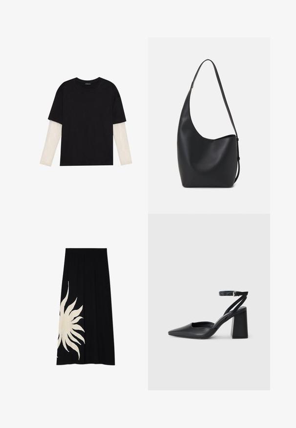 Svart t-shirt i bomull, med korta ärmar över ett vitt långärmat lager med en subtil texturdesign. Rundad halsringning.; Svart kjol med en stor vit sol-design på ena sidan, mjuk textur och en flödande form, lämplig för avslappnad klädsel.; Svart läderpumps med spetsig tå, ankelrem och kraftig klack. Slät textur, stilren design och minimalistisk estetik.; Svart läder hobo-väska med en slät textur, kurvig form och en justerbar axelrem; har en bred öppning upptill.; Silverfärgade hoopörhängen med en slät, rund design och en polerad yta. De är tunna och lätta, med en enkel spänne.