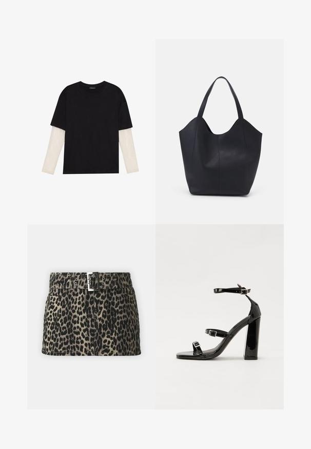 Čierne tričko z bavlny, s krátkymi rukávmi cez biele tričko s dlhým rukávom, s jemným textúrovaným vzorom. Design s okrúhlym výstrihom.; Džínová sukňa s leopardím vzorom a pásom s prackou, ktorá má striebornú pracku, predné vrecká a rovný lem.; Čierne lakované sandále na podpätku so štvorcovou špičkou, navlečenými remienkami okolo členku a striebornými prackami. Disponujú masívnym blokovým podpätkom pre stabilitu.; Čierna taška s dlhým uchom vyrobená z hladkej kože, s oblým otvoreným vrchom a dvoma ramennými popruhmi, minimalistického dizajnu.