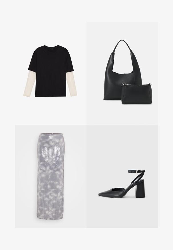 Juodas medvilninis marškinėliai su trumpomis rankovėmis, virš baltos ilgo rankovio sluoksnio, turinčio subtilų tekstūrinį raštą. Apvalus iškirpimas.; Ilga, pilkai žvilganti sijonas su tekstūruotu returno raštu ir švelniu debesų raštu. Turi tiesią siluetą ir užtrauktuko uždarymą gale.; Juoda odinė smailiagalė aukštakulnio bateliai su kulkšnies dirželiu ir storu kulnu. Lygus paviršius, elegantiškas dizainas ir minimalistiška estetinė. ; Even&Odd Rankinė - black