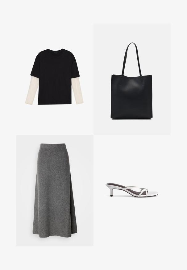 T-shirt noir en coton, avec des manches courtes sur une couche à manches longues blanche avec un motif texturé subtil. Col rond.; Lindex SKIRT INA - Jupe longue - dark grey melange; Sandales argentées à talon avec un design à brides croisées, une texture lisse et un bout pointu. Le talon mesure environ cinq centimètres de haut.; Sac fourre-tout en cuir noir avec une texture lisse, de forme rectangulaire et deux longues poignées. Pas de matériel ou d'ornementations visibles.