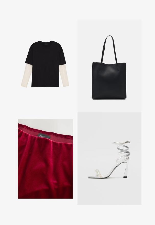 Mustmust särk, mis on valmistatud puuvillast, lühikeste varrukatega, valge pika varrukaga kihi peal, millel on peene tekstuuriga muster. Ümar kaelus.; Punane sametkangas, millel on sile tekstuur, koos kogutud vöökohaga. Brändi silt "NEXT" on nähtav ülemise serva lähedal.; Hõbedased kõrge kontsaga sandaalid läikiva rihma disainiga, millel on pärlilaadne aktsent ja keerduv pahkluu rihm turvaliseks sobivuseks.; Mustast nahast kott sujuva tekstuuriga, ristkülikukujuline ja kahe pika sangaga. Pole nähtavat riistvara ega kaunistusi.