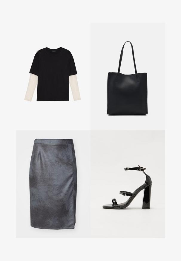 Melna kokvilnas T-kreklu ar īsām piedurknēm, virs baltas garām piedurknēm ar smalku teksturētu rakstu. Apaļas kakla izgriezuma dizains.; Pelēka mākslīgās ādas zīmuļsvārki ar gludu tekstūru, augsto jostasvietu un šķiršanu kreisajā pusē. Nav redzamu pievēršanu vai rakstu.; Melnas lakotas augstpapēžu čības ar kvadrāta purngalu, potīšu siksniņām un sudraba sprādzēm. Aprīkotas ar masīvu bloku papēdi stabilitātei.; Melnas ādas somiņa ar gludu tekstūru, taisnstūra formu un divām garām rokturiem. Nav redzamu aparatūras vai rotājumu.