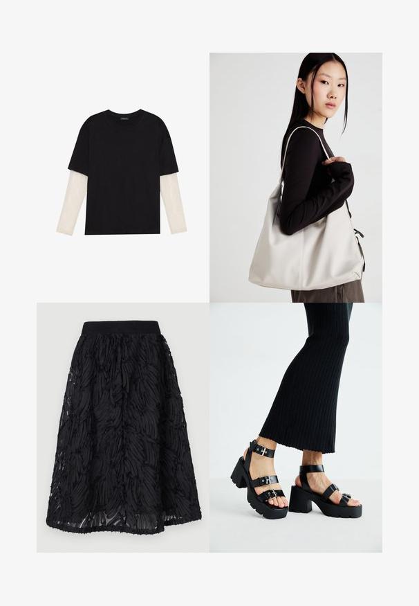 Crni majica od pamuka, s kratkim rukavima preko bijele dugorukave slojevite s suptilnim teksturiranim uzorkom. Dizajn s okruglim izrezom.; Crna suknja s teksturiranim dizajnom i slojevitim, valovitim uzorcima. Tkanina izgleda lagano, s nabranym pojasom i lepršavim rubom.; Crne platforme sandale s debelim, nazubljenim potplatima i višestrukim trakama, s metalnim kopčama i glatkom teksturom koja podsjeća na kožu.; Bežna torba od mekog materijala s opuštenim dizajnom, šivanim detaljima i dva remena za rame. Pogodna za svakodnevnu upotrebu.