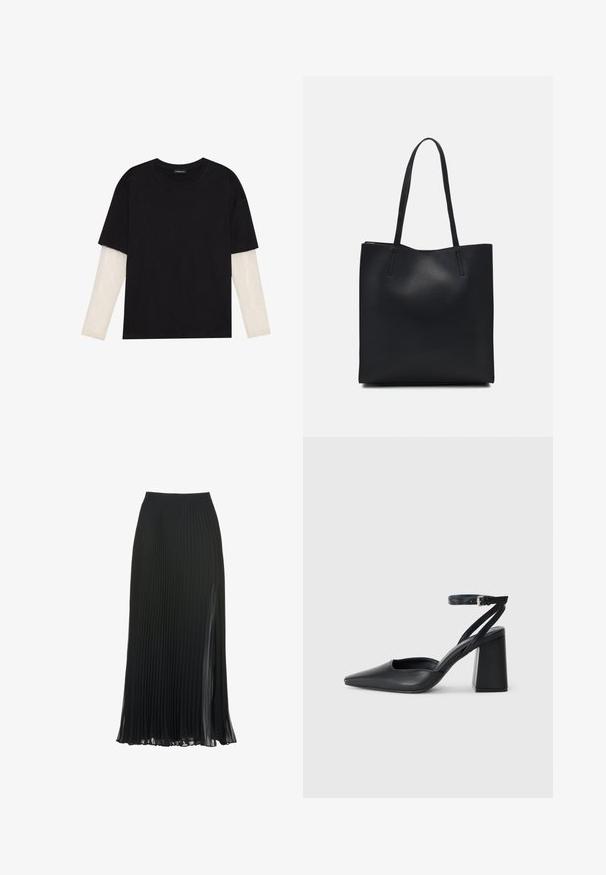 Camiseta negra de algodón, con mangas cortas sobre una capa blanca de manga larga con un patrón texturizado sutil. Diseño de escote redondeado.; Falda maxi negra plisada con una cinturilla ajustada, textura transparente y una abertura lateral para mayor movimiento y fluidez.; Zapato de tacón puntiagudo de cuero negro con tira en el tobillo y tacón ancho. Textura plana, diseño elegante y estética minimalista.; Bolso tote de cuero negro con textura lisa, forma rectangular y dos asas largas. Sin herrajes ni adornos visibles.