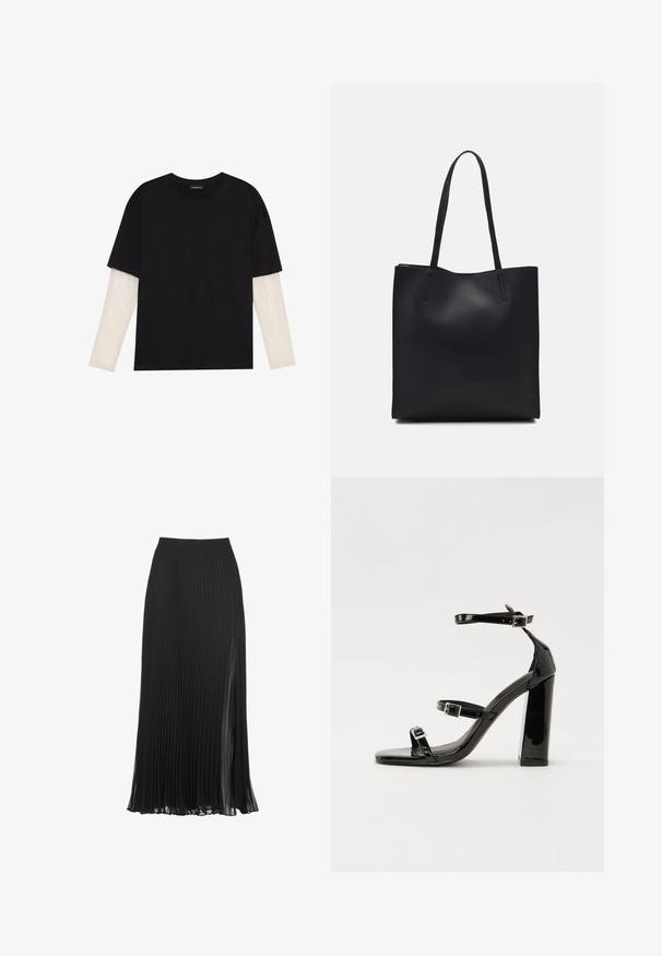 Melna kokvilnas T-kreklu ar īsām piedurknēm, virs baltas garām piedurknēm ar smalku teksturētu rakstu. Apaļas kakla izgriezuma dizains.; Melnā plīšu garā svārka ar pieguļošu jostu, caurspīdīgu tekstūru un sānu izgriezumu, kas nodrošina papildu kustību un plūstamību.; Melnas lakotas augstpapēžu čības ar kvadrāta purngalu, potīšu siksniņām un sudraba sprādzēm. Aprīkotas ar masīvu bloku papēdi stabilitātei.; Melnas ādas somiņa ar gludu tekstūru, taisnstūra formu un divām garām rokturiem. Nav redzamu aparatūras vai rotājumu.