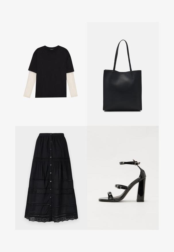 Black T-shirt made of cotton, featuring short sleeves over a white long-sleeve layer with a subtle textured pattern. Crew neckline design.; Black cotton maxi skirt with tiered design, featuring vertical lace cutouts and button closure along the front, textured hemline detail.; Black patent high-heeled sandals with two buckle straps, square toe, and a chunky block heel, featuring a smooth, glossy texture.; Black leather tote bag with smooth texture, rectangular shape, and two long handles. No visible hardware or embellishments.