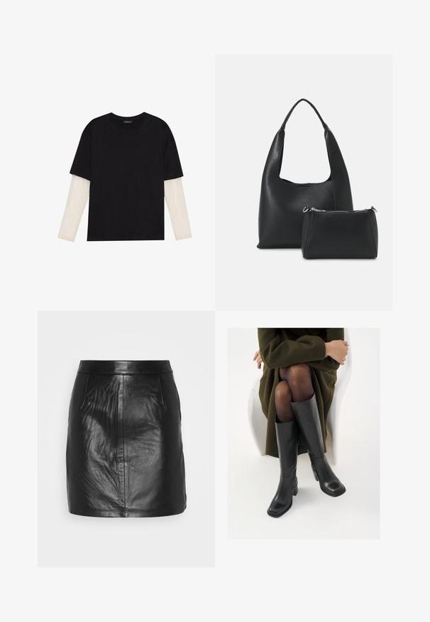 Fekete pamut póló, rövid ujjal, fehér hosszú ujjú réteg fölött, finom textúrával. Kerek nyakkivágású dizájn.; Fekete bőr mini szoknya sima textúrával, testhez simuló fazonnal, két oldalsó zsebbel és láthatatlan hardver nélküli derékkal.; Térdfelett érő fekete bőr csizmák négyzet alakú orral és tömbtalppal, olajzöld kabátban ülő modellel bemutatva. Simaság, minimalista részletezés.; Even&Odd Kézitáska - black