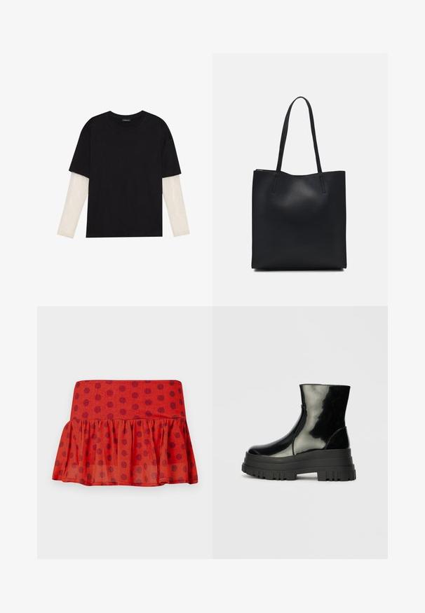 Fekete pamut póló, rövid ujjal, fehér hosszú ujjú réteg fölött, finom textúrával. Kerek nyakkivágású dizájn.; Piros fodros szoknya fekete pöttyökkel, könnyű anyagból készült. Illeszkedő derékrésszel és réteges kialakítással rendelkezik.; Fekete fényes boka csizma vastag bordázott talppal és kerek orral, oldalnézet világos szürke háttér előtt.; Fekete bőrtáska sima felszínnel, téglalap alakú, két hosszú füllel. Nincs látható fémkiegészítő vagy díszítés.