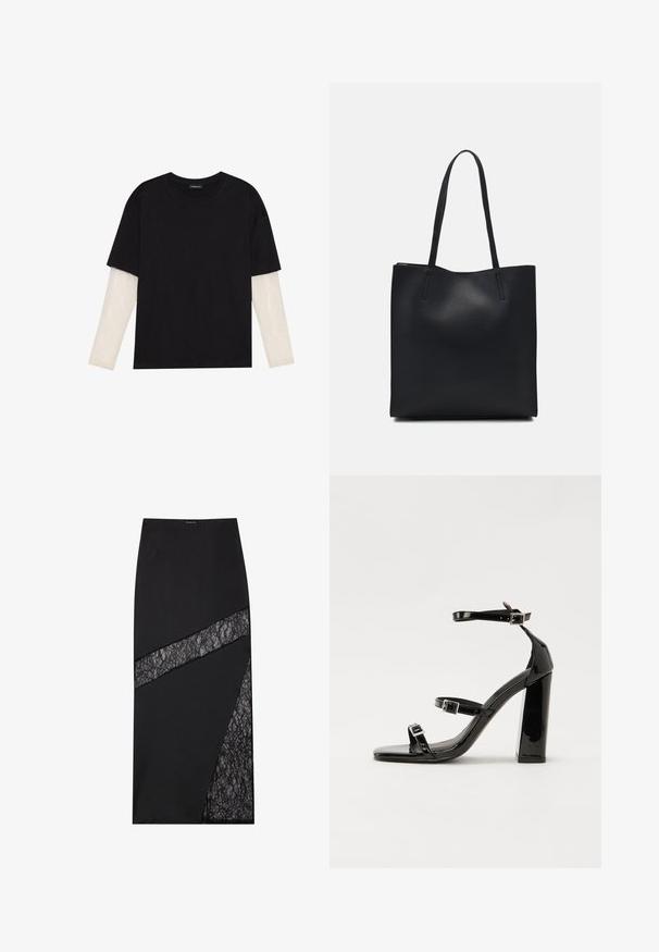 Svart T-skjorte laget av bomull, med korte ermer over et hvitt langermet lag med en subtil teksturert mønster. Rund hals design.; Svart midi-skjørt med et geometrisk design, teksturerte blonder, strukturert stoff og en slank silhuett.; Svart høyglans sandaler med hæl, firkantet tå, ankelremmer og sølvspenner. Har en kraftig blokkhæl for stabilitet.; Svart lær tote bag med glatt tekstur, rektangulær form og to lange håndtak. Ingen synlige deler eller dekorasjoner.
