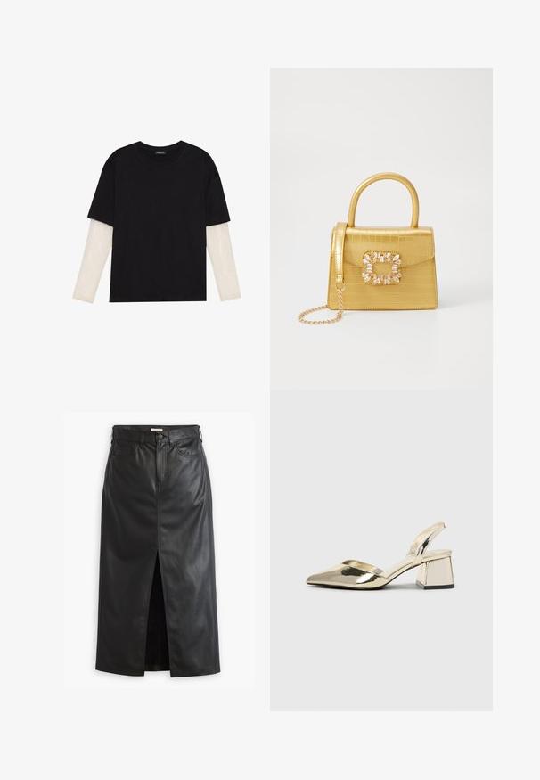 Črna majica iz bombaža s kratkimi rokavi, ki pokriva belo dolgi rokav z subtilnim teksturiranim vzorcem. Oblika izrezanega vratu.; Črna usnjena krila s sprednjim razporkom, visokim pasom in klasičnim stilom denim. Ima žepe in detajle šivanja za dodatno teksturo.; Zlati, kovinski slingback čeveljci z ostrim nosom in masivnim peto. Gladka tekstura, minimalistična zasnova in ozka zanka.; Rumeno usnjeno-usnje z vzorcem krokodila, s strukturiranim dizajnom, zgornjo ročajem, snemljivo verižico in dekorativnim kristalnim okrasjem na zaponki.; Zlate obroče za ušesa z gladkim, zaobljenim dizajnom. Tanki in lahki, z neprekinjenim krogom brez okrasnih elementov.