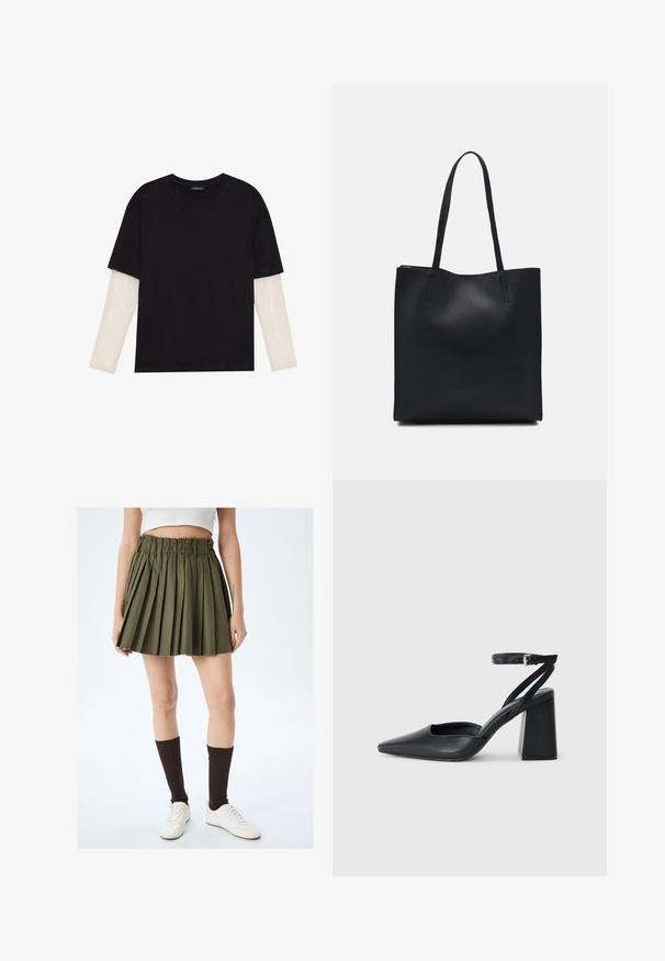 Czarny T-shirt wykonany z bawełny, z krótkimi rękawami na białej warstwie z długim rękawem z delikatnym teksturowanym wzorem. Projekt z okrągłym dekoltem.; Olśniewająca oliwkowa spódnica plisowana z postrzępionym brzegiem, elastycznym pasem i teksturowanym materiałem. Połączona z białymi butami i brązowymi skarpetkami do kolan.; Czarne skórzane czółenka z ostrym noskiem, z paskiem na kostce i grubym obcasem. Gładka faktura, elegancki design i minimalistyczna estetyka.; Czarna skórzana torba tote o gładkiej fakturze, prostokątnym kształcie i dwóch długich uchwytach. Brak widocznych elementów metalowych i ozdób.