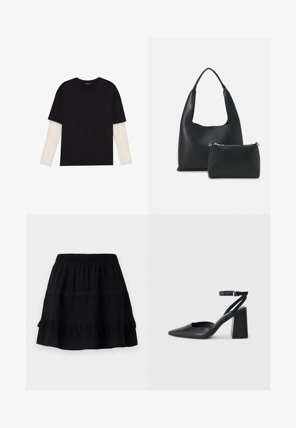 Melna kokvilnas T-kreklu ar īsām piedurknēm, virs baltas garām piedurknēm ar smalku teksturētu rakstu. Apaļas kakla izgriezuma dizains.; Melnas kokvilnas svārki ar pakāpenisku volānu dizainu, ar elastīgu jostas joslu un kontrastējošiem izšuvumiem un mežģīņu lentēm.; Melna ādas augstpapēžu kurpe ar norakstīto purngala formu, potītes siksniņu un masīlu papēdi. Gluda tekstūra, elegants dizains un minimālisma estētika.; Even&Odd SET - Rokassoma - black