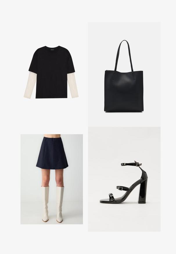 T-shirt nera in cotone con maniche corte sopra un sotto manica lunga bianca, caratterizzata da una sottile texture. Design con scollo rotondo.; Gonna A-line blu navy con righe verticali, design plissettato e vita elastica. Abbinata a stivali bianchi lucidi al ginocchio.; Sandali con tacco in vernice nera, con punta squadrata, cinturini alla caviglia e fibbie in argento. Presentano un tacco a blocco spesso per maggiore stabilità.; Borsa tote in pelle nera con texture liscia, forma rettangolare e due manici lunghi. Nessun hardware o decorazione visibile.