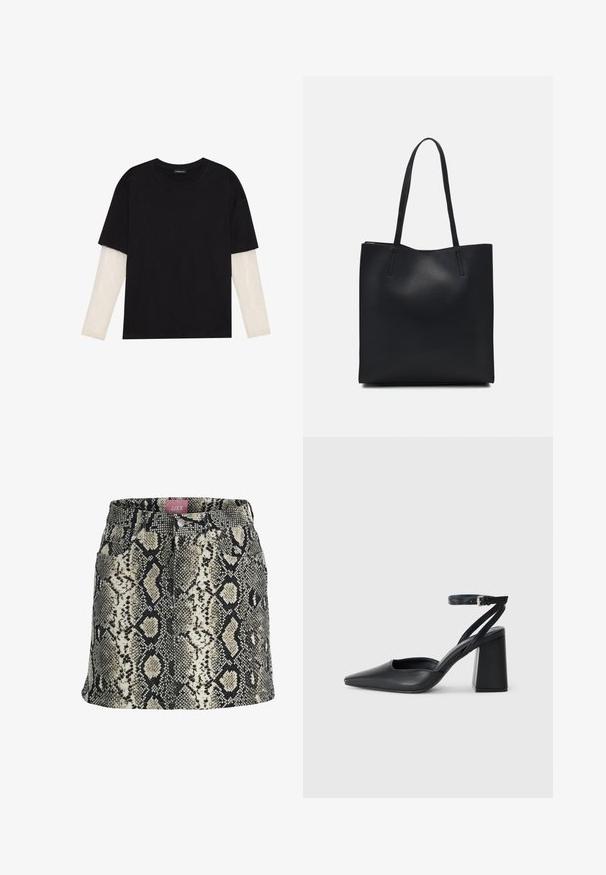 Fekete pamut póló, rövid ujjal, fehér hosszú ujjú réteg fölött, finom textúrával. Kerek nyakkivágású dizájn.; Egy bézs és fekete kígyóbőr mintázatú, testhez álló szoknya, gombos záródással, övhurkokkal és négy funkcionális zsebbel.; Fekete bőr, hegyes orrú magassarkú cipő boka pánttal és vastag sarokkal. Sima textúra, elegáns dizájn és minimális esztétika.; Fekete bőrtáska sima felszínnel, téglalap alakú, két hosszú füllel. Nincs látható fémkiegészítő vagy díszítés.